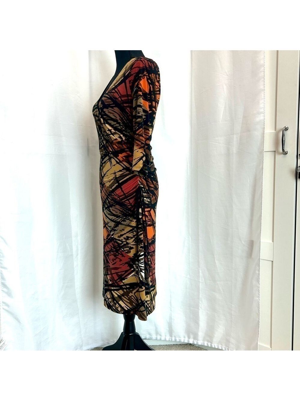 Le Chateau multicoloured zigzag artsy print long sleeve V-neck faux wrap dress S - Picture 3 of 16